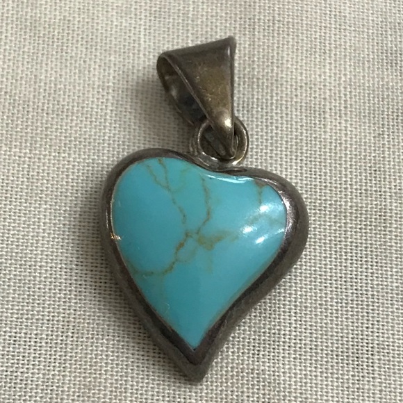 Mexico 925 Jewelry - Vintage Mexican Sterling Silver Turquoise Heart Pendant